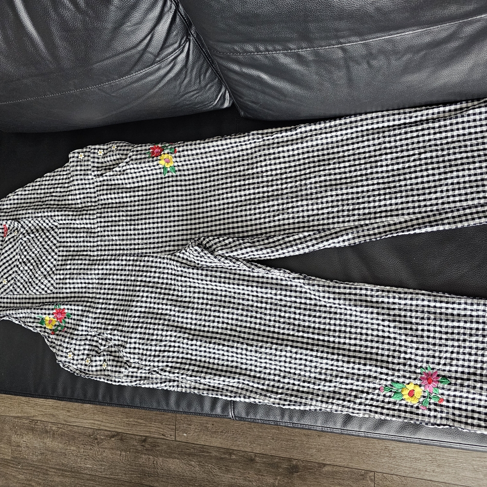 Teddy Fresh Black and White Checkered Jumpsuit with Floral Embroidery